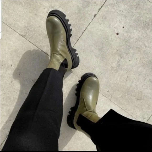Zara Shoes - Zara Low Heeled Lug sole ankle boots olive green size 38